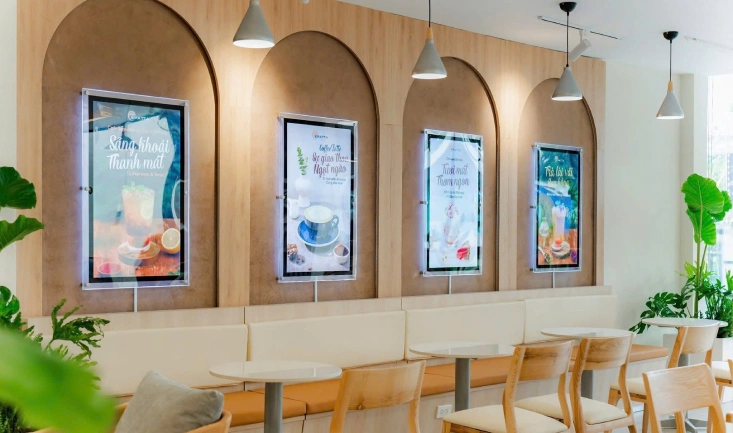 hộp đèn siêu mỏng chân kính dùng để trang trí cho quán cà phê cao cấp